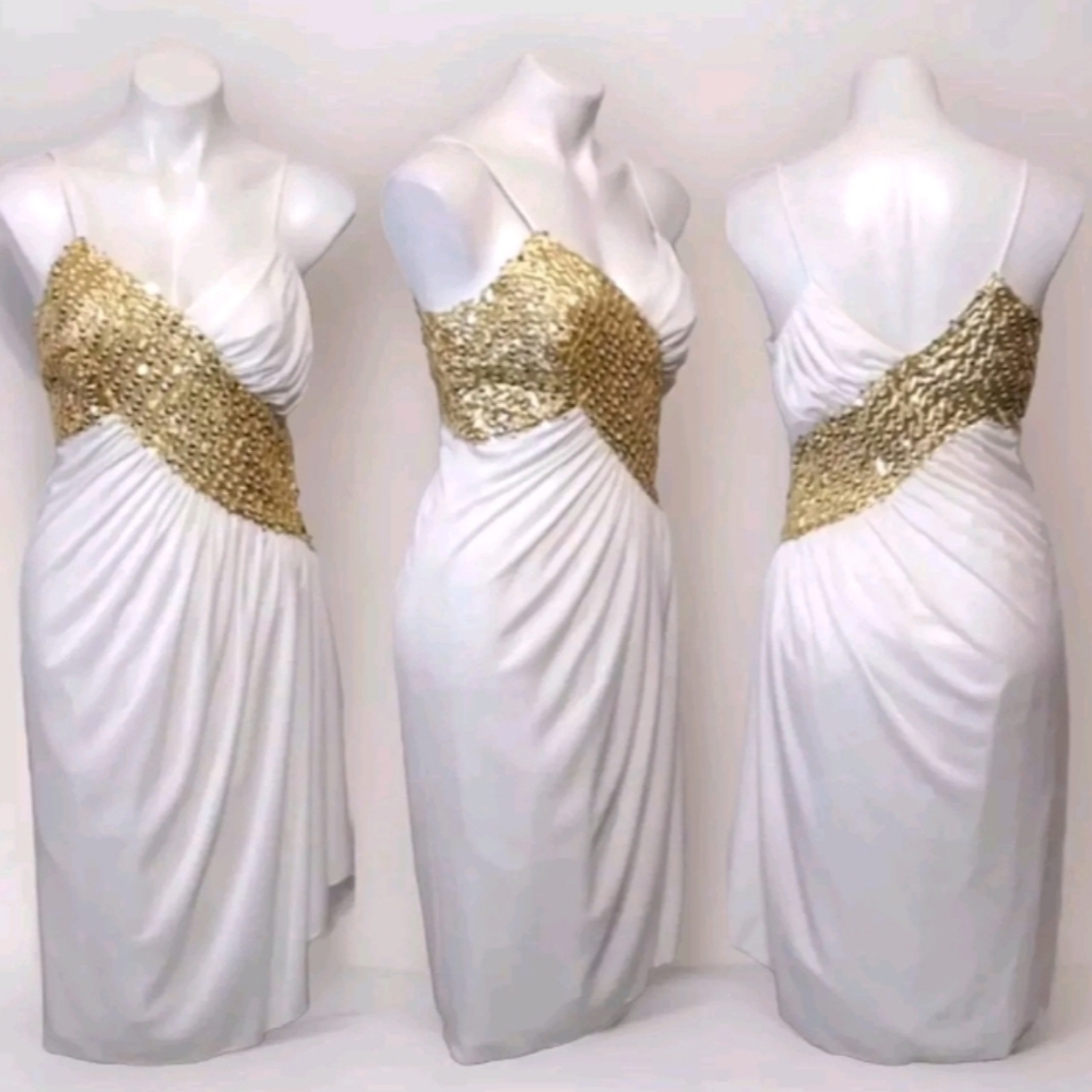 NEW LEAF by Samir Ruched Chiffon Dress 11-12 Gold Sequin Grecian Goddess Style